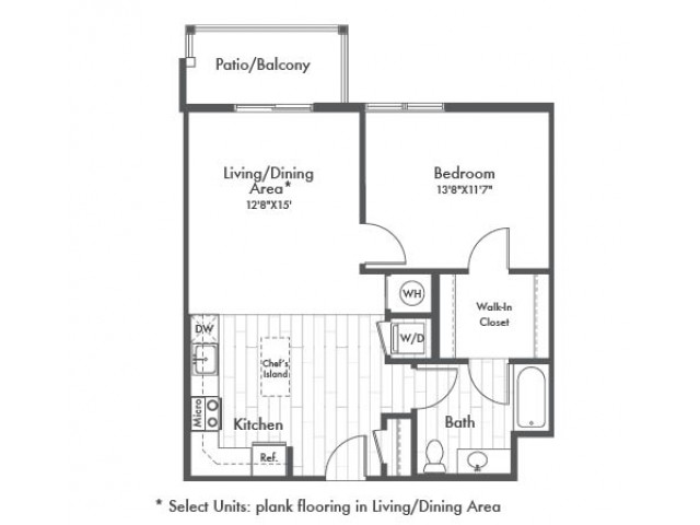 770 square foot one bedroom one bath apartment floorplan image
