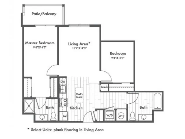 933 square foot two bedroom two bath apartment floorplan image