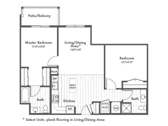 1025 square foot two bedroom two bath apartment floorplan image