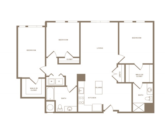 1475 square foot three bedroom two bath apartment floorplan image