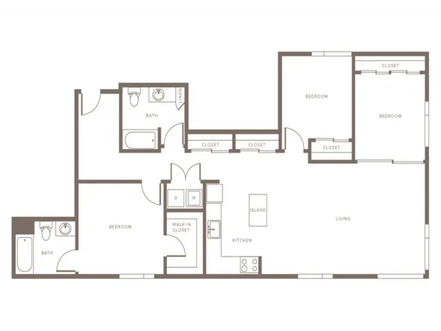 1296 square foot two bedroom two bath with den apartment floorplan image
