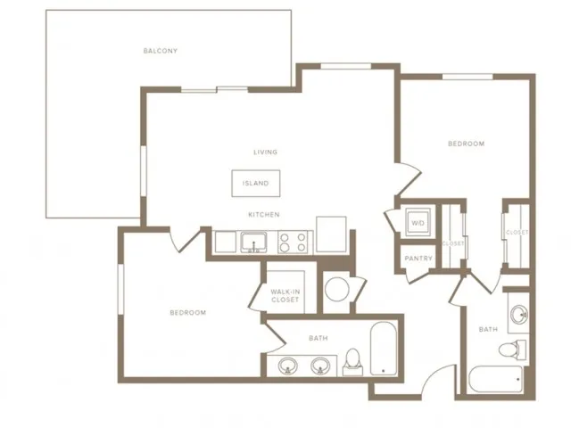 1093 square foot two bedroom two bath phase II apartment floorplan image