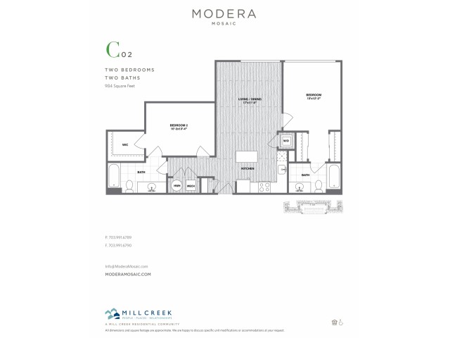 984 square foot two bedroom two bath apartment floorplan image