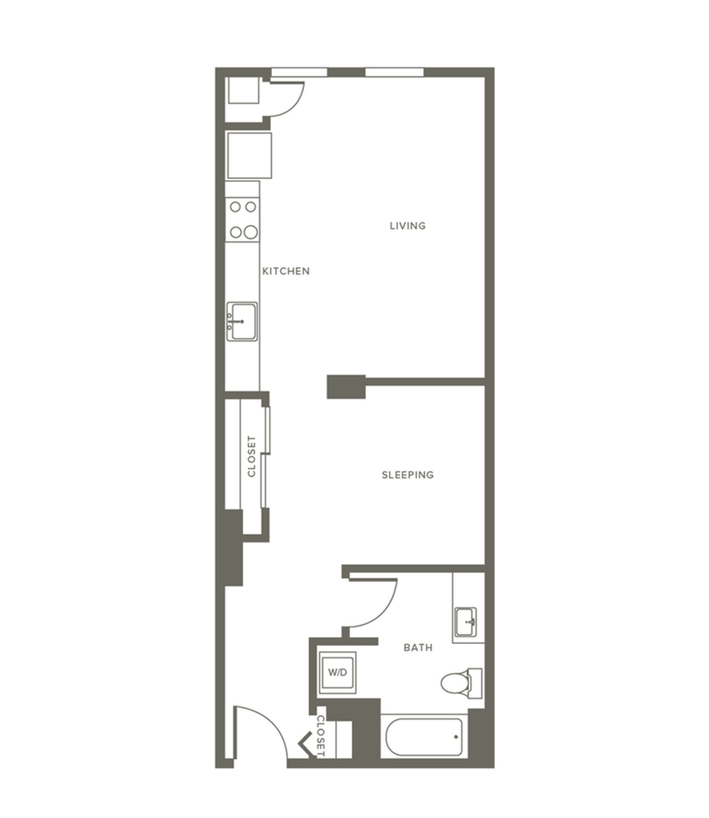 611 square foot one bedroom one bath apartment floorplan image