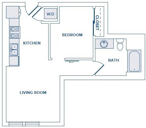 615 square foot one bedroom one bathroom floorplan image