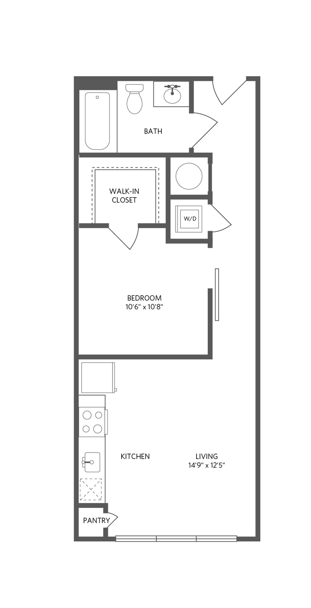 590 square foot one bedroom one bath apartment floorplan image