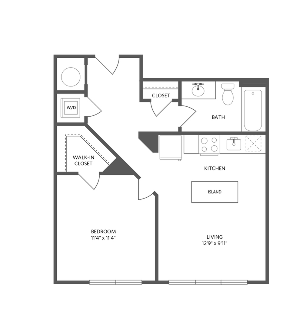 632 square foot one bedroom one bath apartment floorplan image
