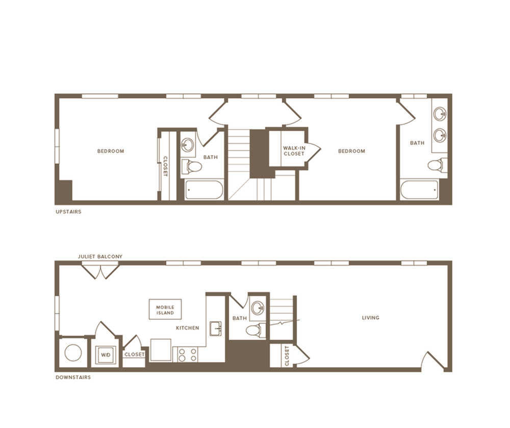 1347 square foot two bedroom two and a half bath island in kitchen two story apartment floorplan image