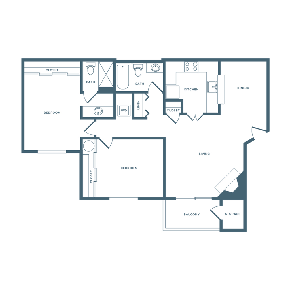 884 square foot two bedroom two bath apartment floorplan image