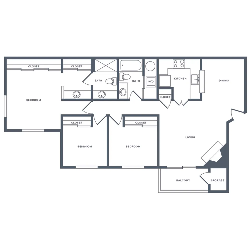 1100 square foot three bedroom two bath apartment floorplan image