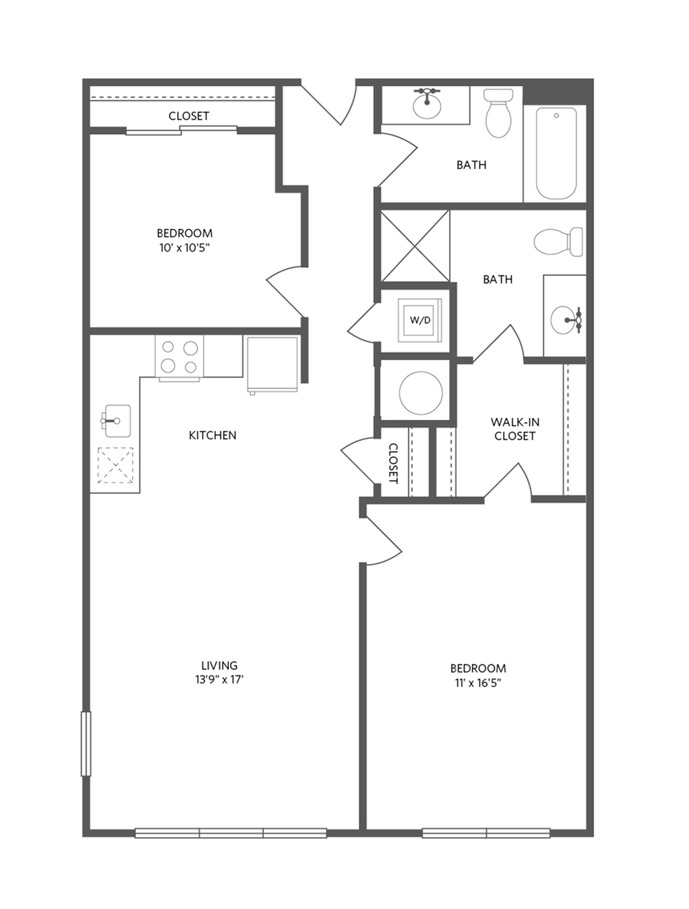 989 square foot two bedroom two bath apartment floorplan image