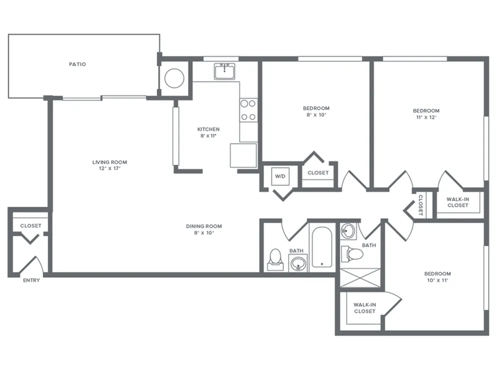 1060 square foot renovated three bedroom two bath apartment floorplan image