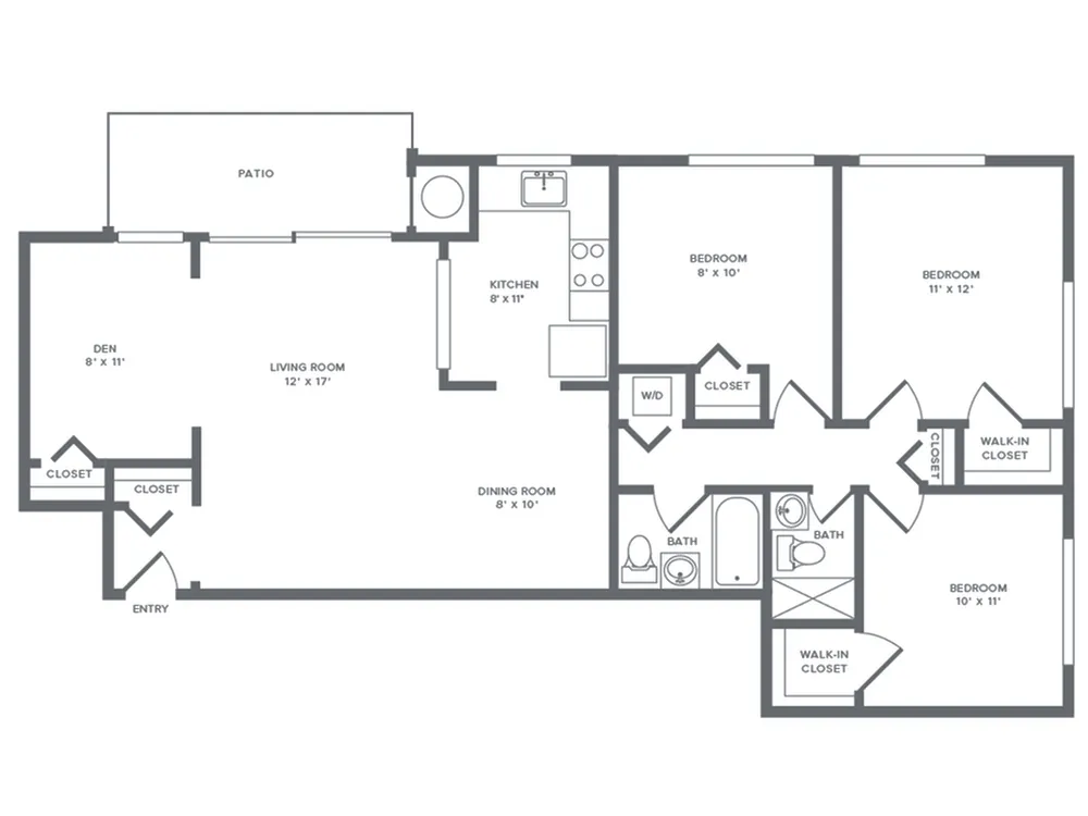 1113 square foot renovated three bedroom with den two bath apartment floorplan image