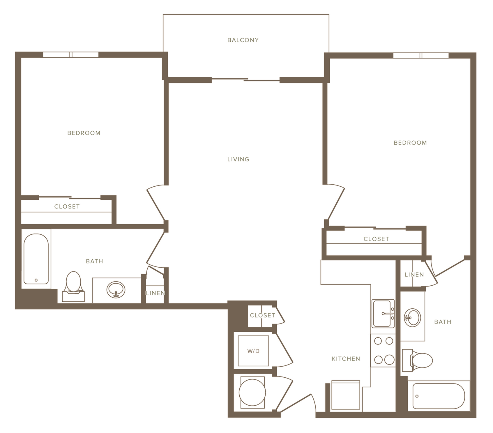 987 square foot two bedroom two bath apartment floorplan image