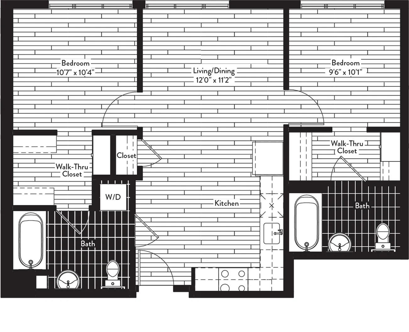 811 square foot two bedroom two bath floor plan image