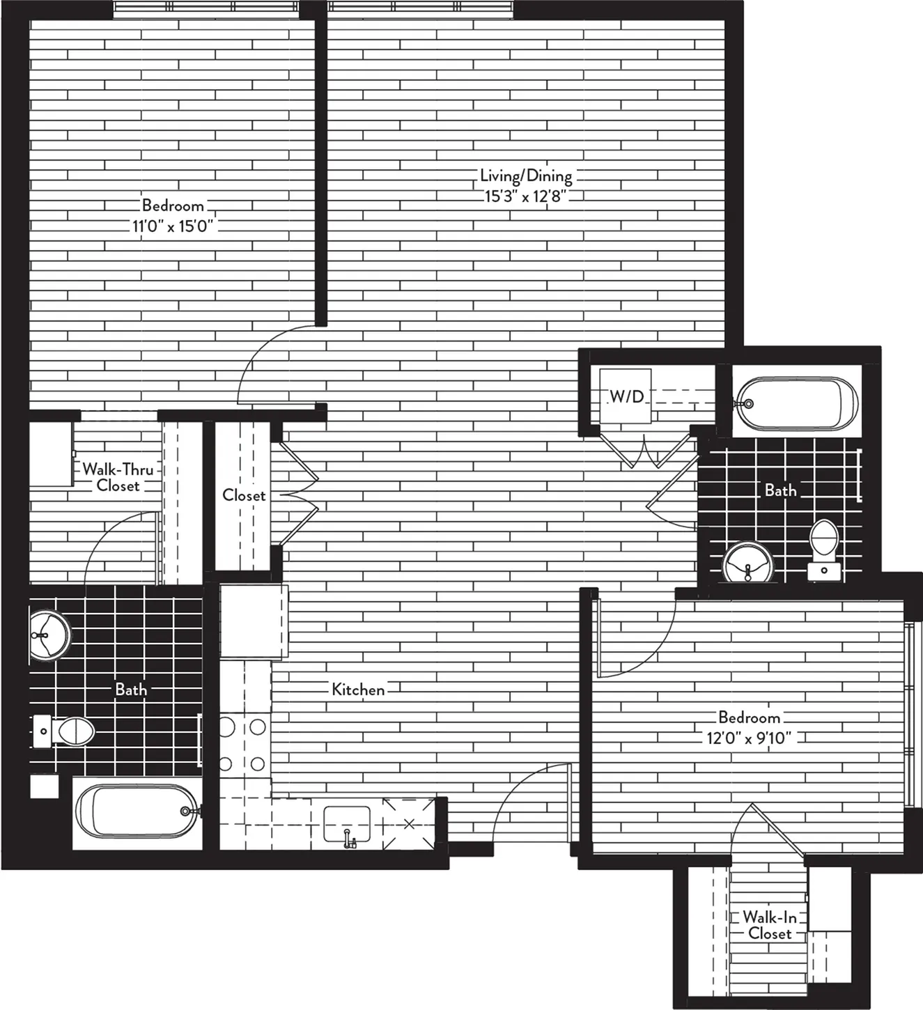 1069 square foot two bedroom two bath floor plan image