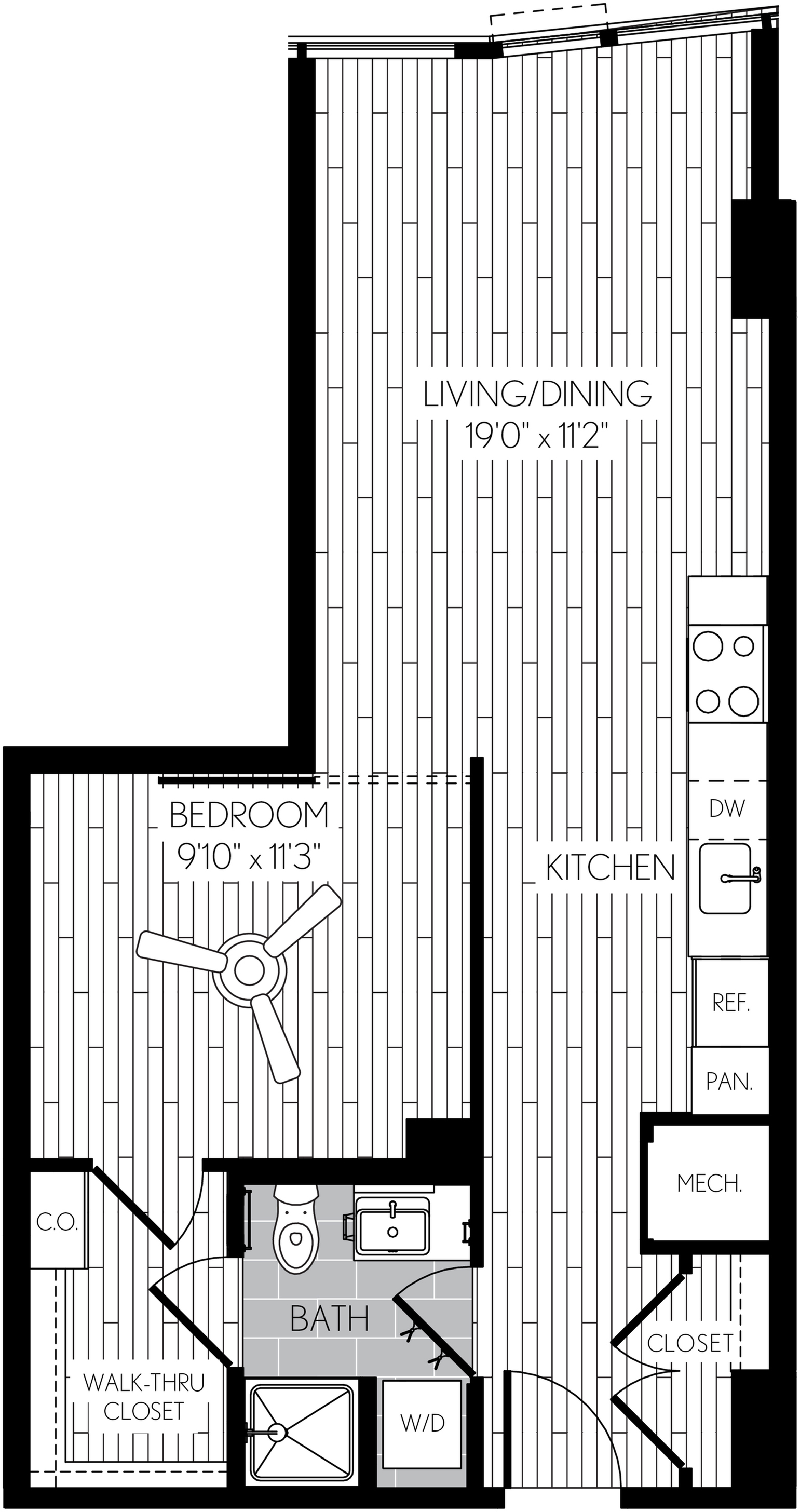 596 square foot one bedroom one bath apartment floorplan image