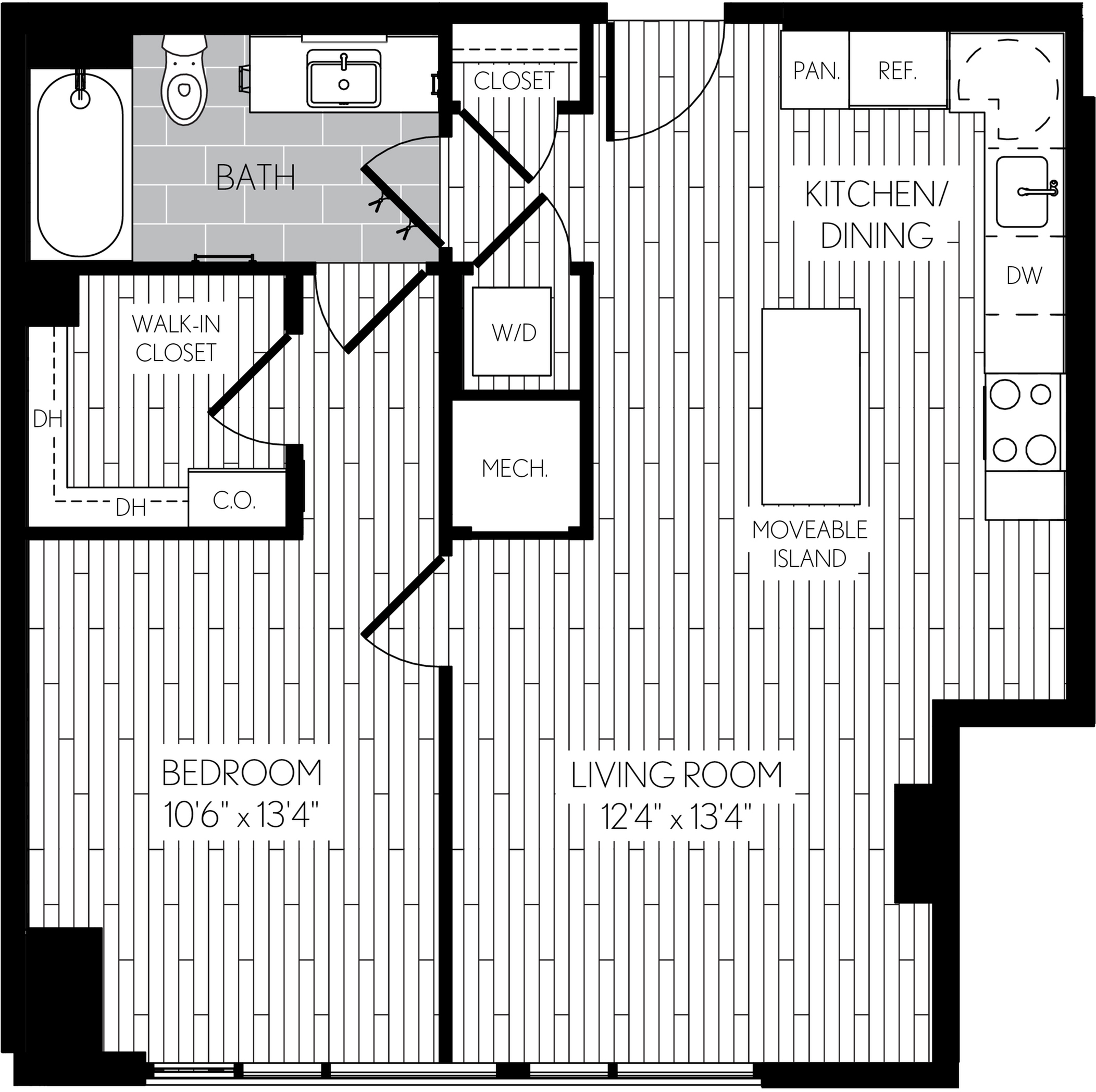 717 square foot one bedroom one bath apartment floorplan image