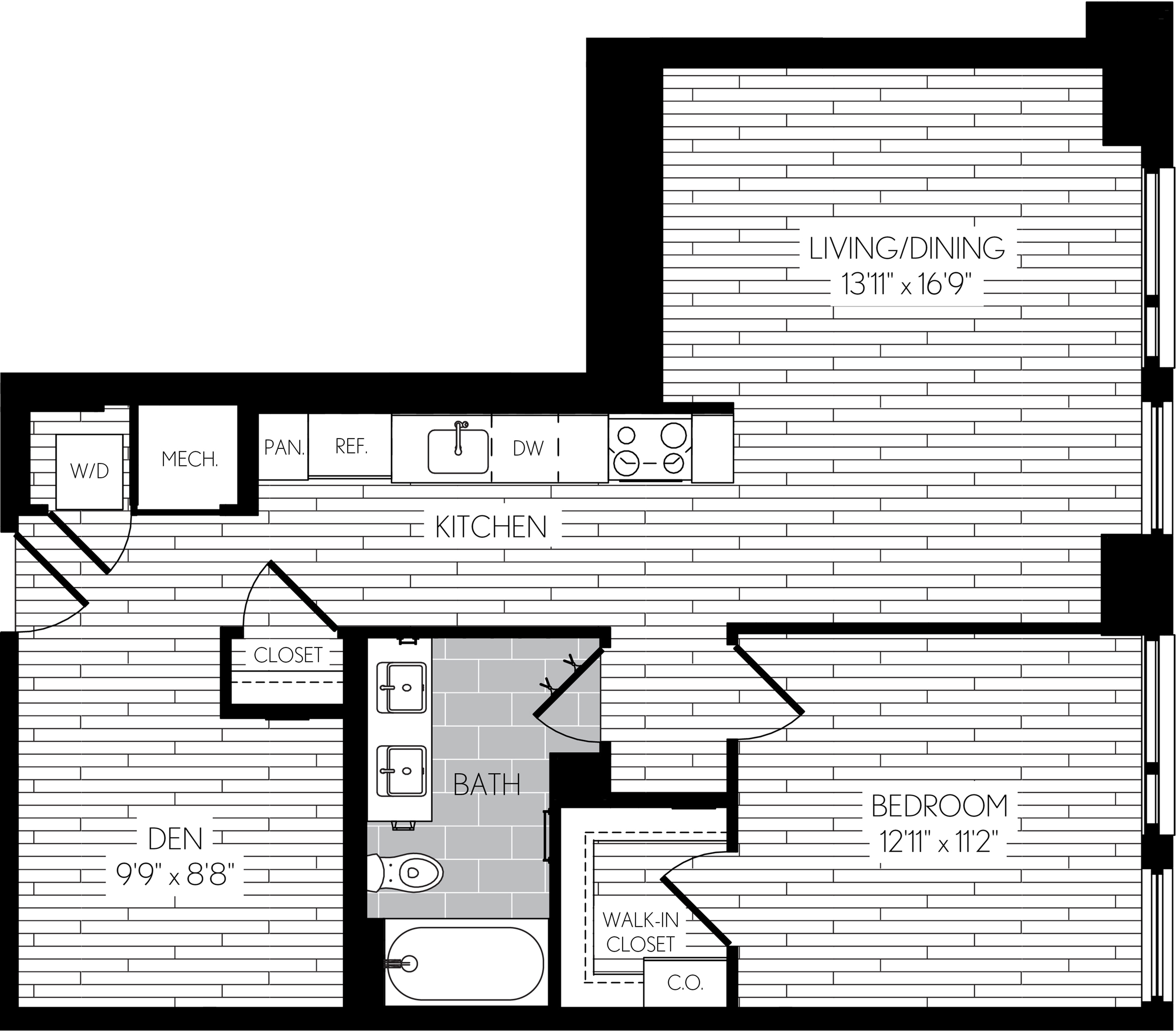 817 square foot one bedroom one bath with den apartment floorplan image