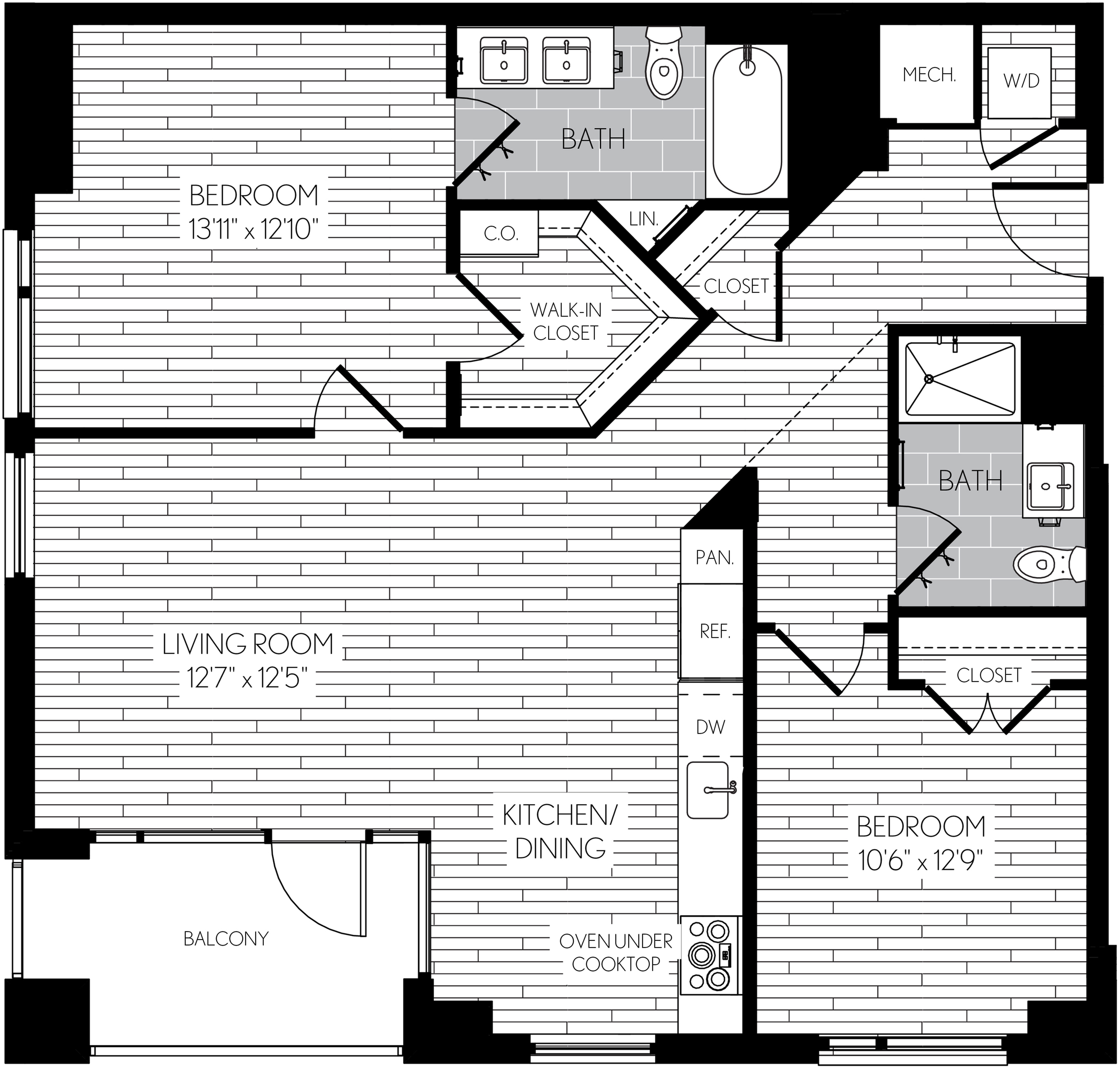 1079 square foot two bedroom two bath apartment floorplan image