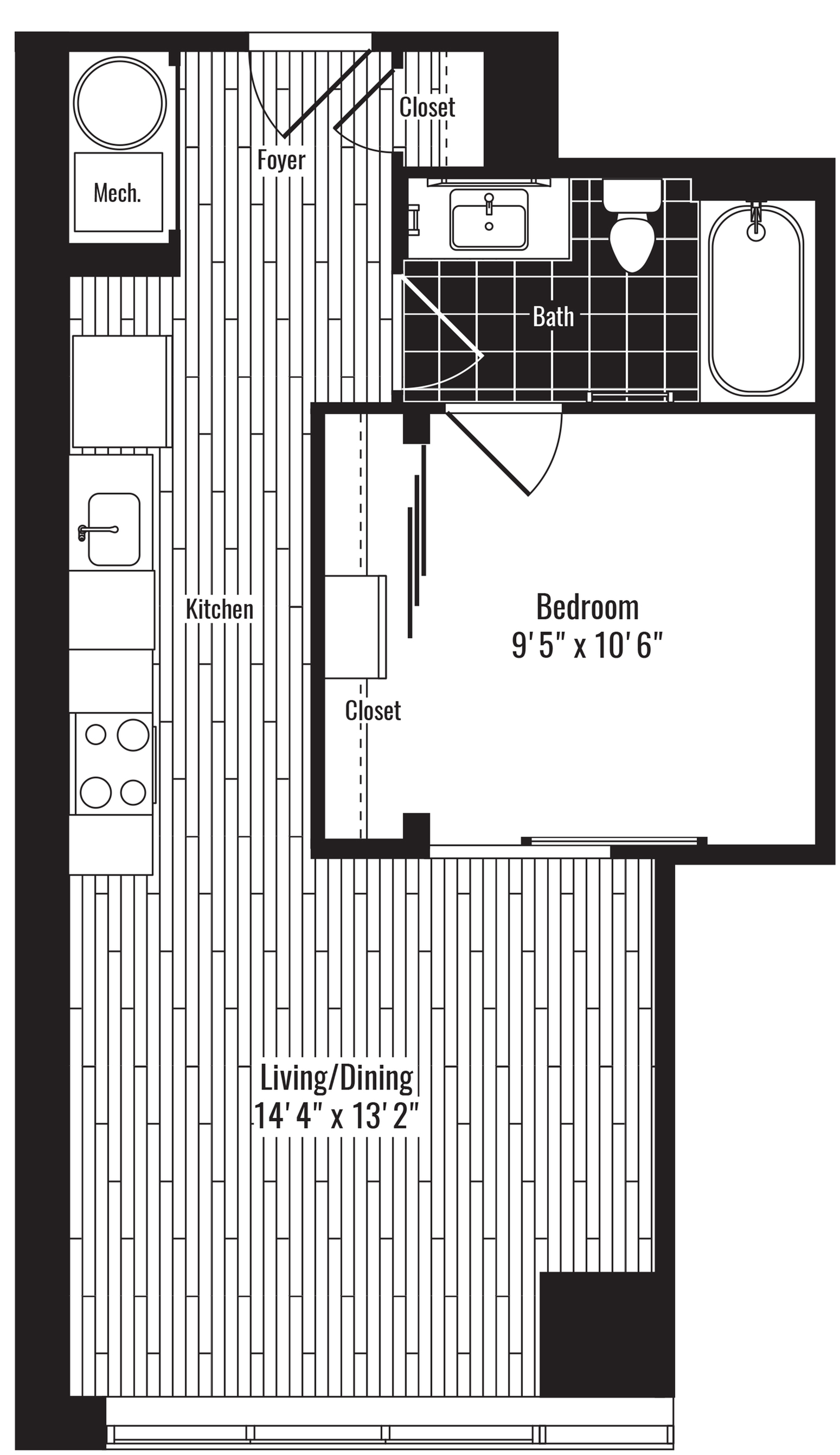 585 square foot one bedroom one bath apartment floorplan image