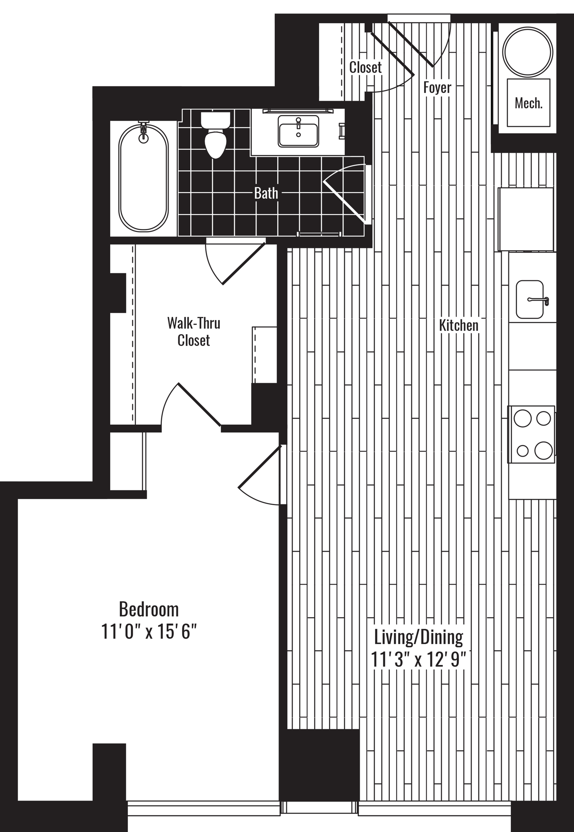 712 square foot one bedroom one bath apartment floorplan image