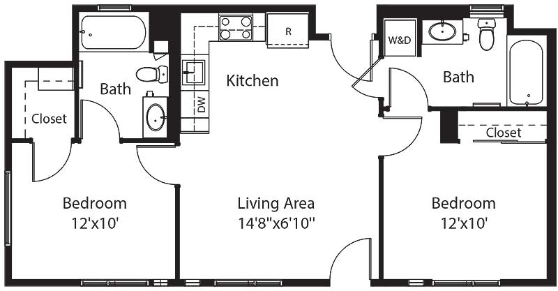 762 square foot two bedroom two bath apartment floorplan image