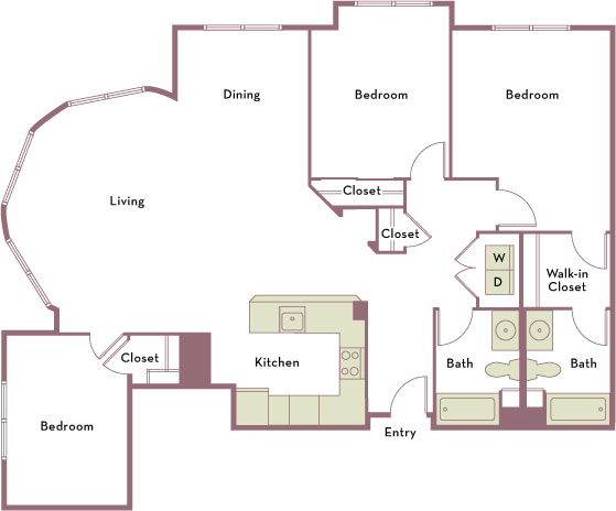 1,691 square foot three bedroom two bath apartment floorplan image