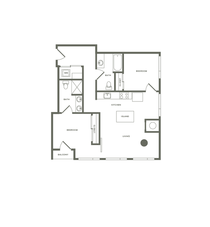 959 square foot two bedroom two bath floor plan image