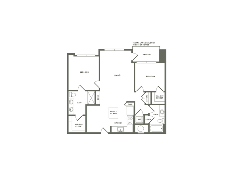1115 square foot two bedroom two bath apartment floorplan image