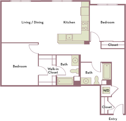 1,120 square foot two bedroom two bath apartment floorplan image