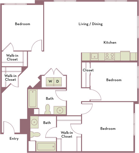 1,458 square foot three bedroom two bath apartment floorplan image