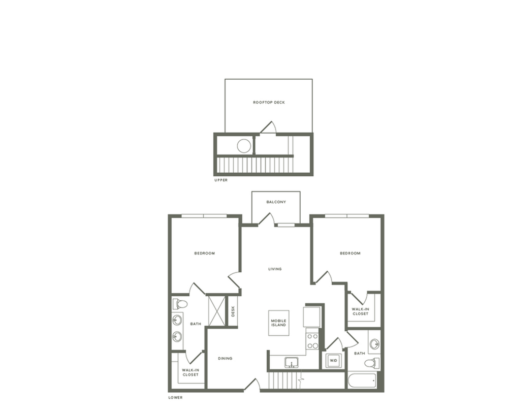 1198 square foot two bedroom two bath with rooftop patio apartment floorplan image