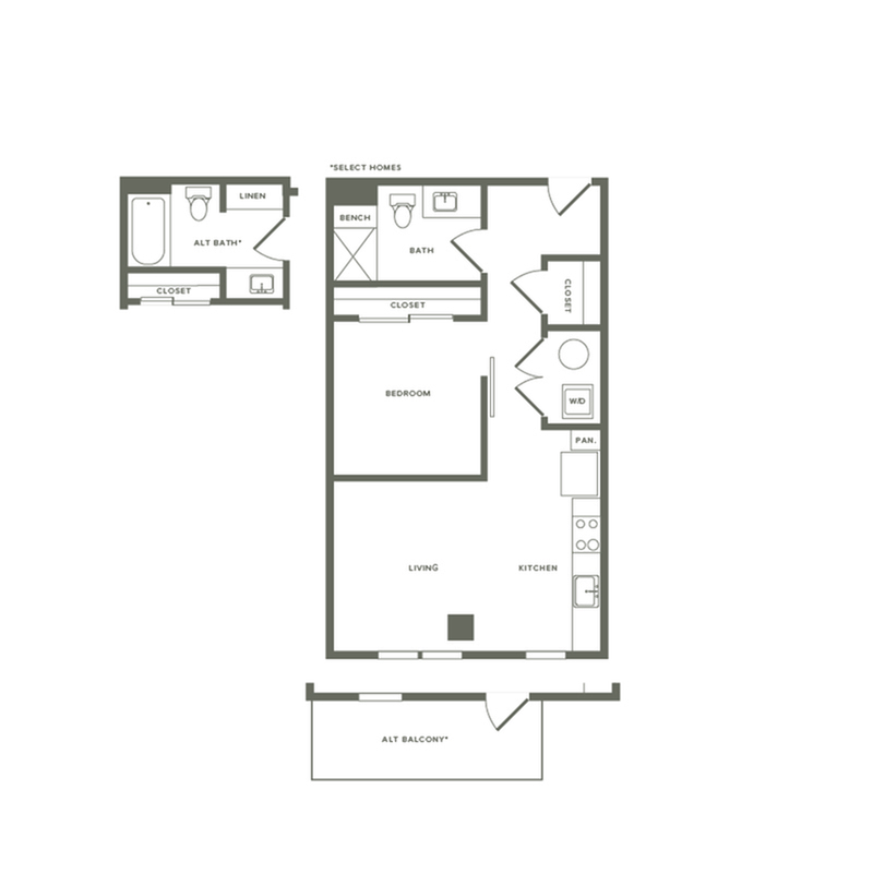 689 to 781 square foot one bedroom one bath apartment floorplan image