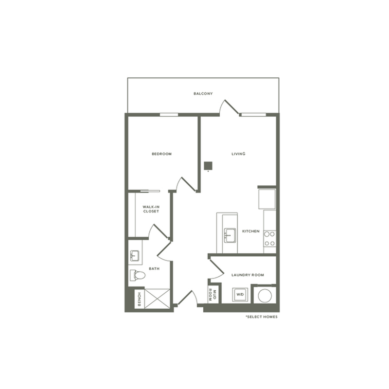 764 to 929 square foot one bedroom one bath apartment floorplan image