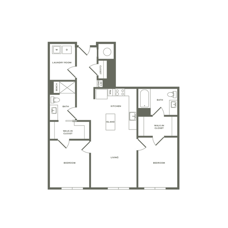 1201 square foot two bedroom two bath apartment floorplan image