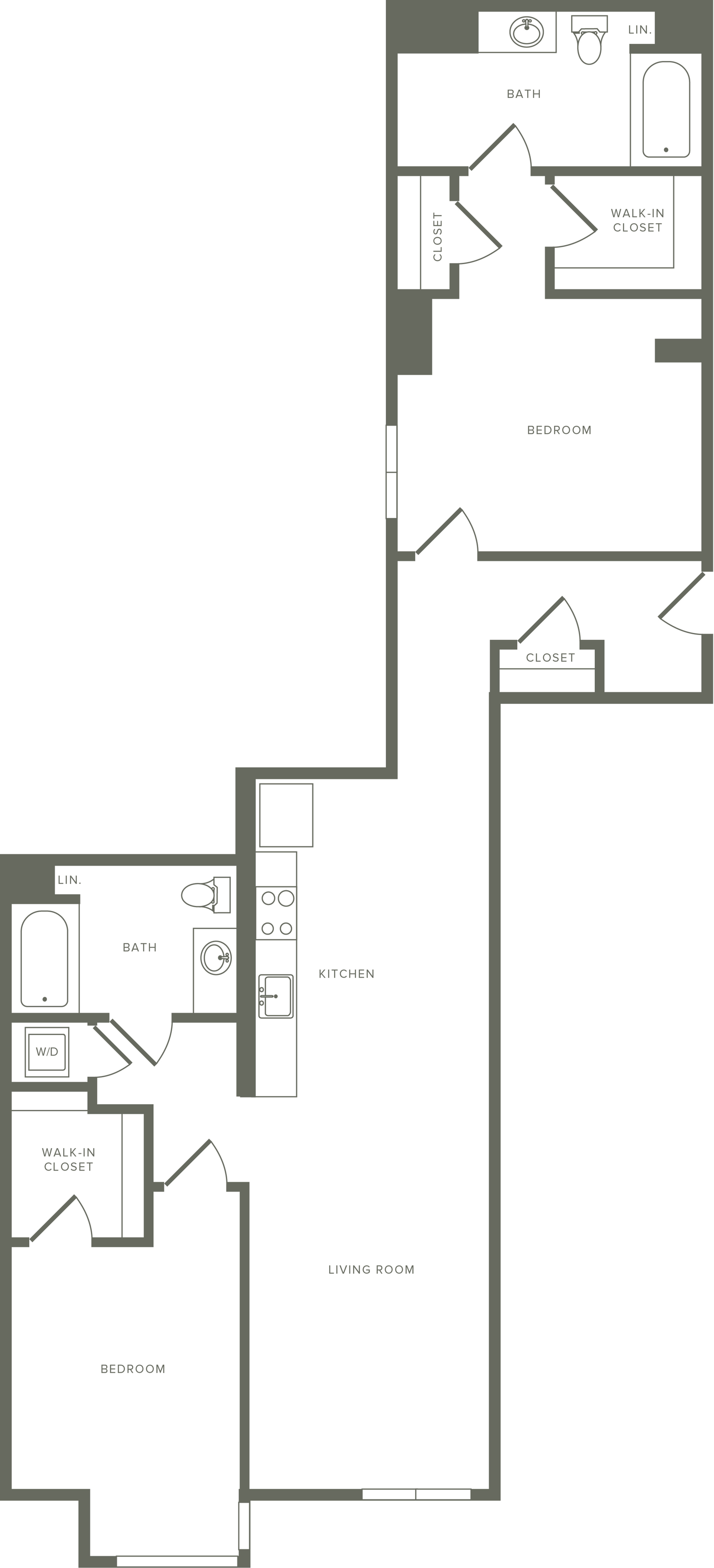 1,291-1,310 square foot two bedroom two bath apartment floorplan image
