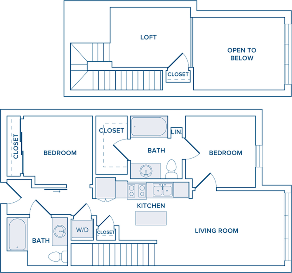 964 to 1042 square foot two bedroom loft two bath apartment floorplan image