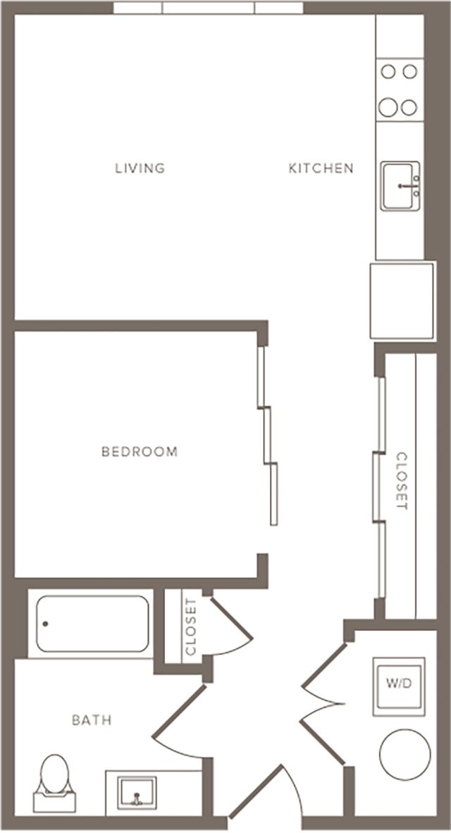 634 square foot one bedroom one bath apartment floorplan image