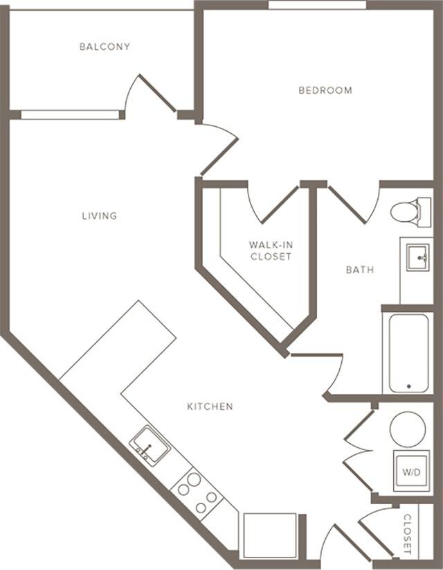 714 square foot one bedroom one bath apartment floorplan image