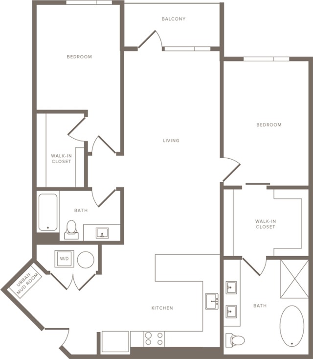 1495 square foot two bedroom two bath apartment floorplan image