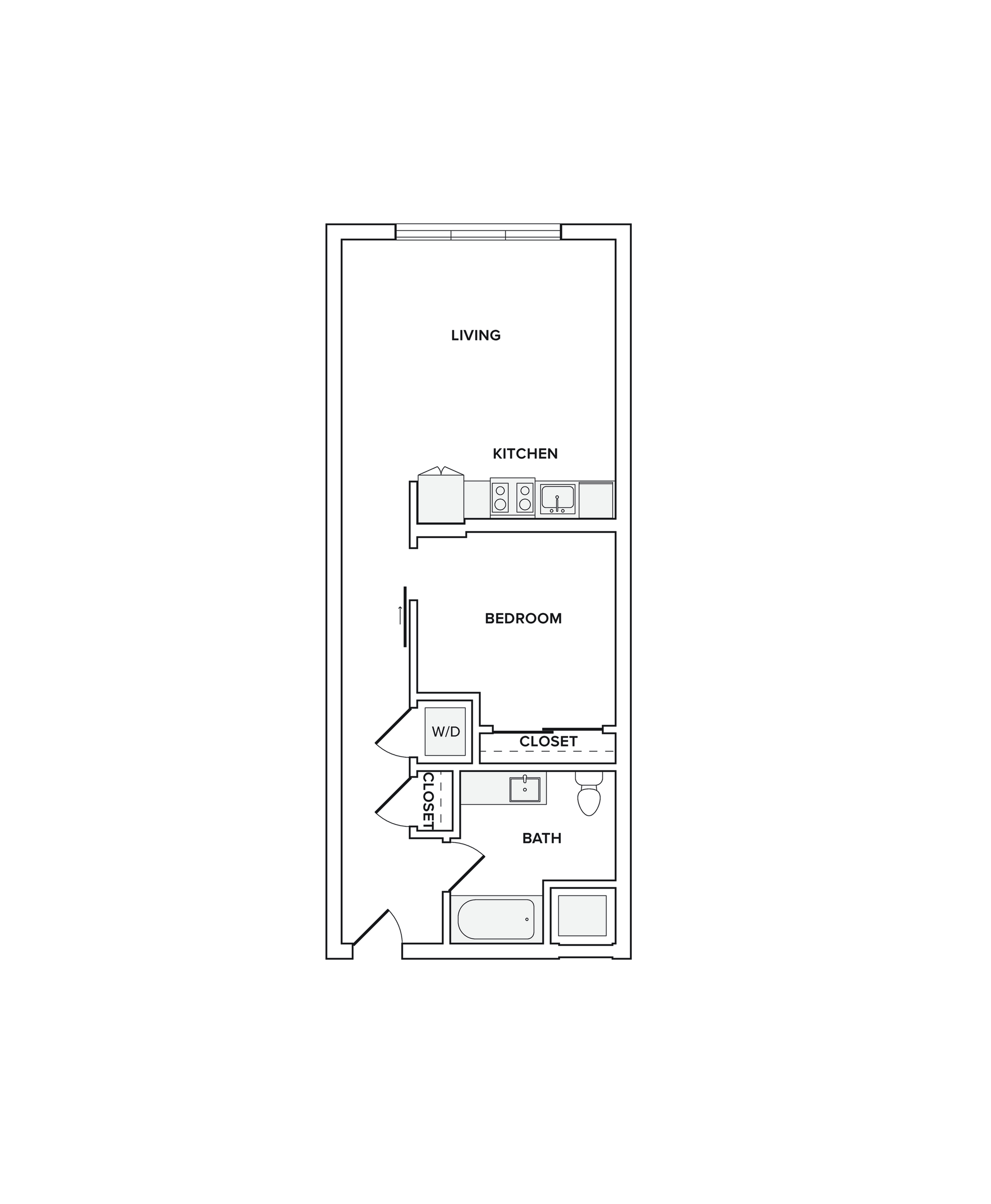 609 square foot one bedroom one bath apartment floorplan image