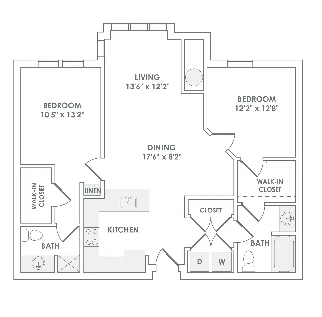 1105 square foot two bedroom two bath apartment floorplan image