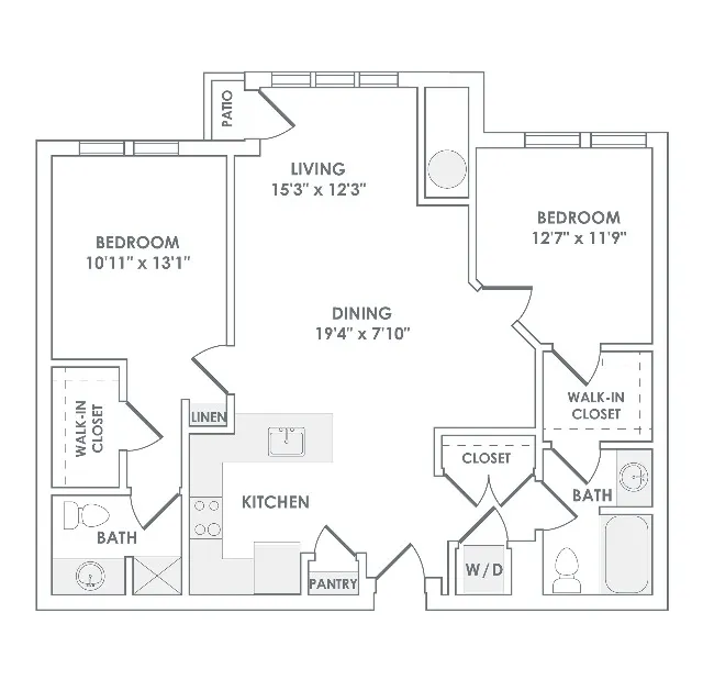 1172 square foot two bedroom two bath apartment floorplan image