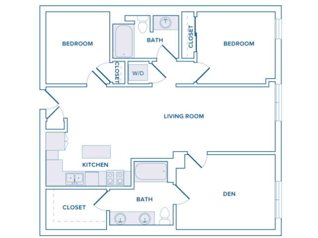 1262 square foot two bedroom two bathroom den floorplan image