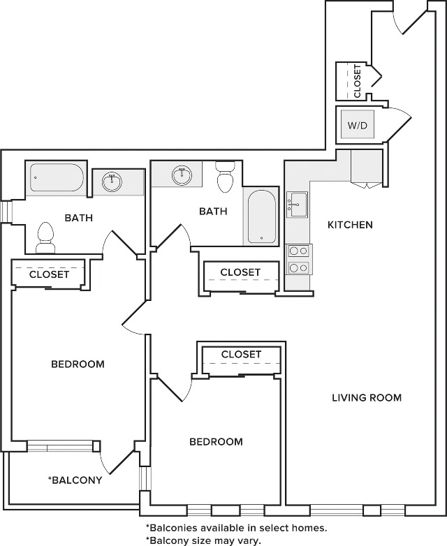 1006 square foot two bedroom two bath apartment floorplan image