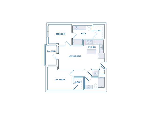 962 to 976 square foot two bedroom two bath apartment floorplan image