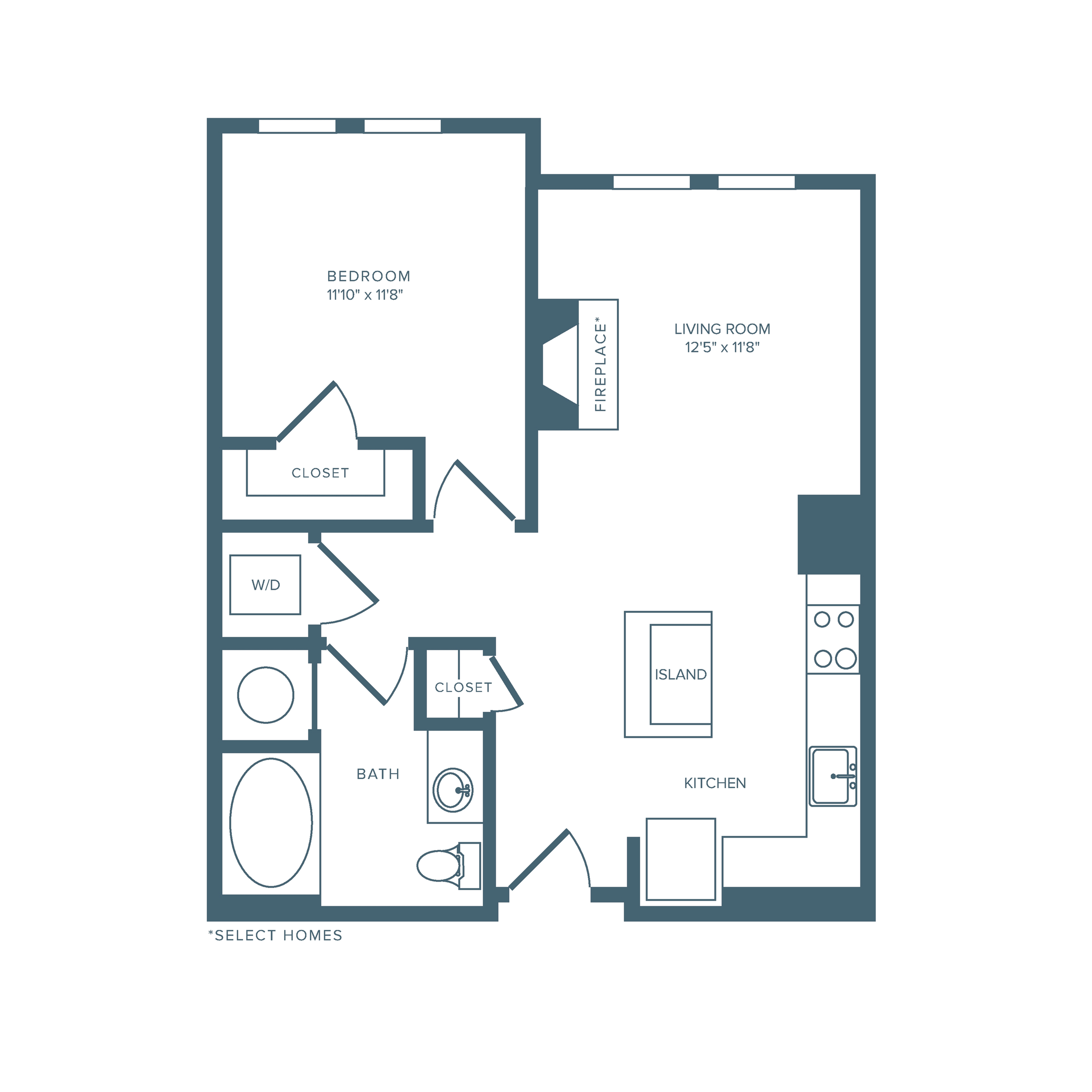 743 square foot one bedroom one bath apartment floorplan image