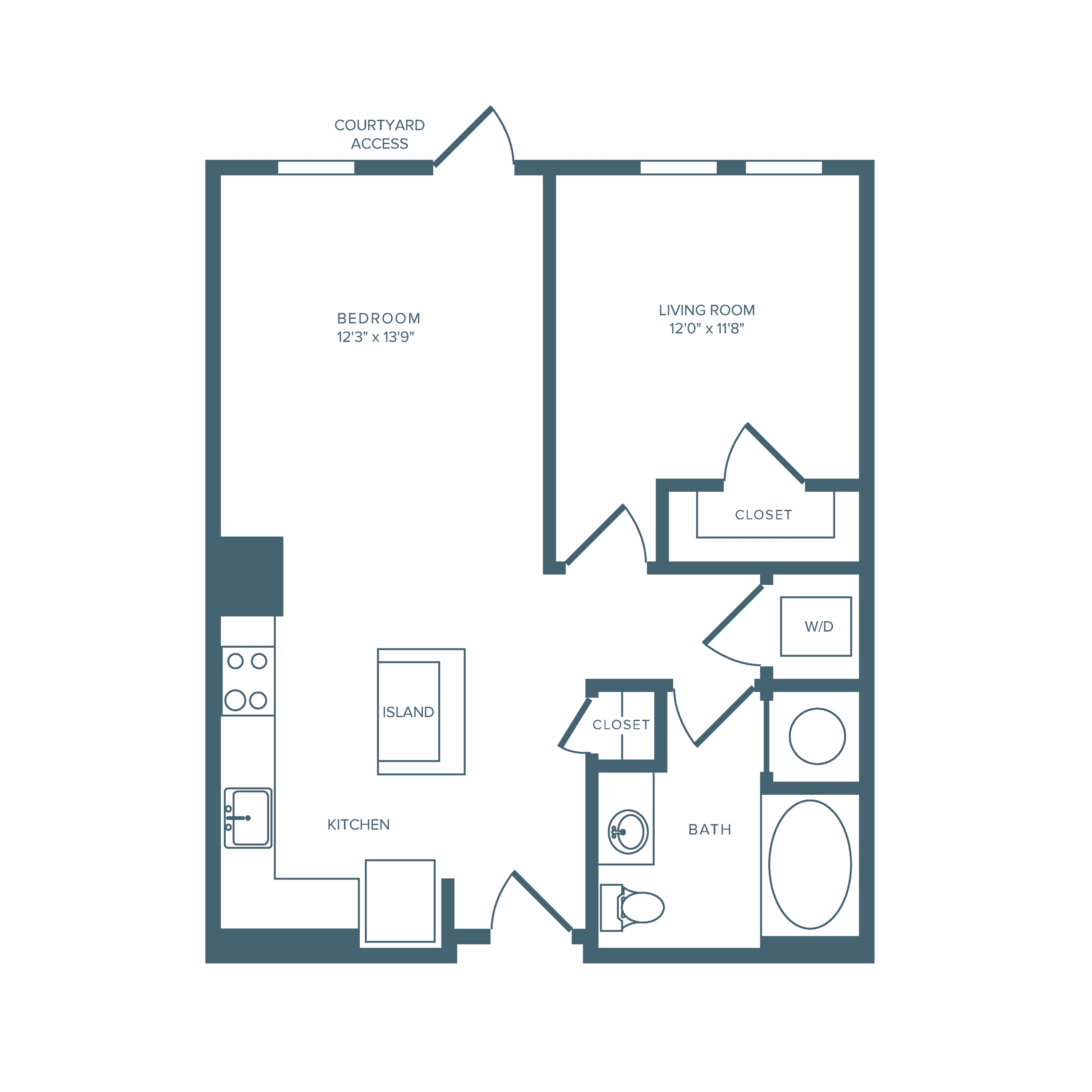 768 square foot one bedroom one bath courtyard access apartment floorplan image