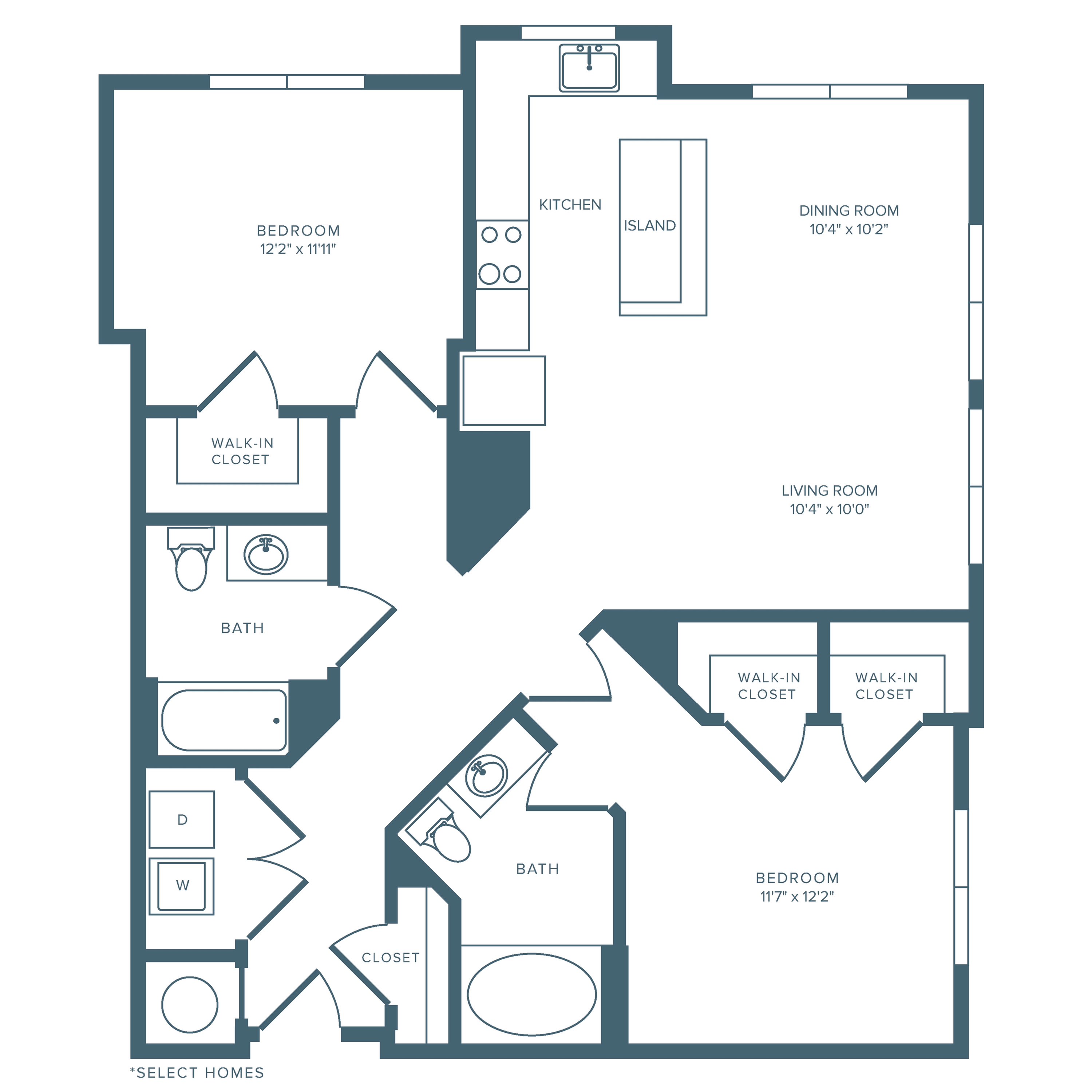 1102 square foot two bedroom two bath apartment floorplan image